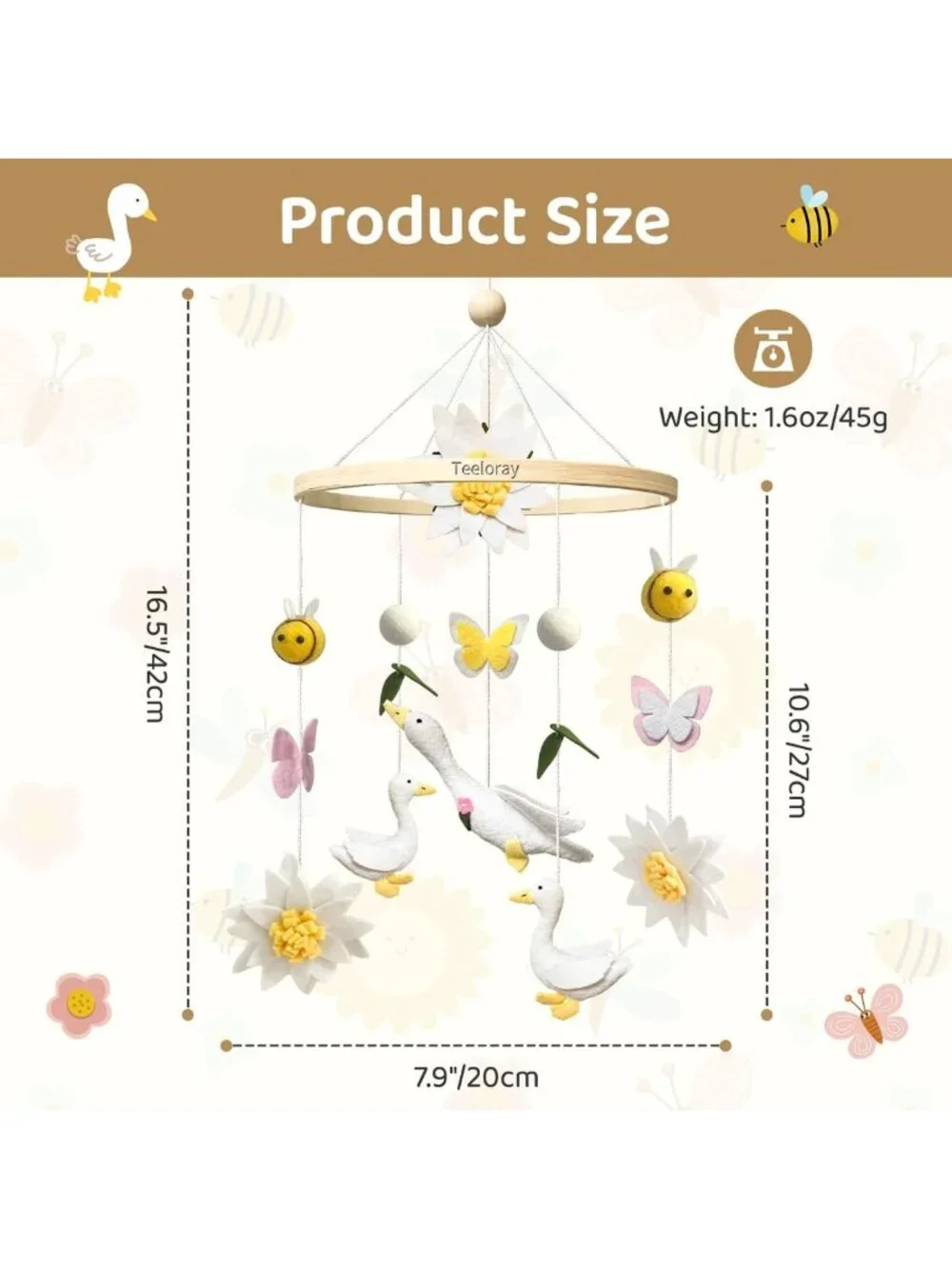 Handmade Baby Mobile for Crib - Felt Nursery Decor, Floral Butterflies & Bees